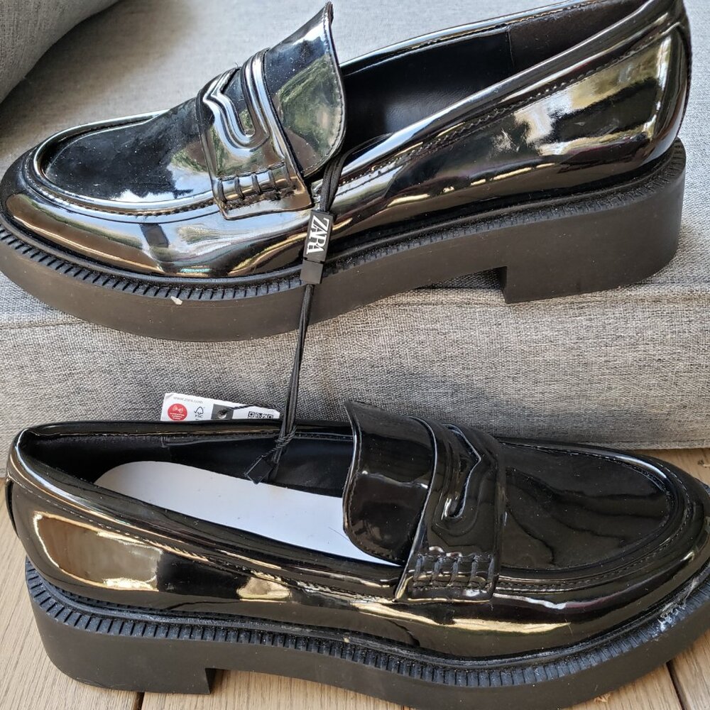 BNWT ZARA faux patent leather elevated penny loafers jet black (7.5) - Picture 6 of 9